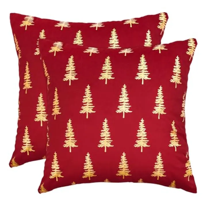 AVOIN colorlife Christmas Red Velvet Throw Pillow Covers 16 x 16 Inch, Gold Foil Print Christmas Tree Design, Glitter Accent Cushion Case Luxury Decoration for Sofa Couch Home Set of 2