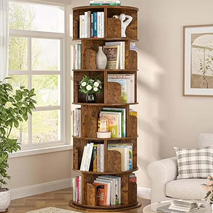 Aheaplus 6 Tier Rotating Bookshelf, Wood Spinning Bookshelf Tower, Round Revolving 360 Bookcase, Narrow Turning Book Shelf Rolling Corner Organizer for Small Space, Bedroom, Office, Rustic Brown
