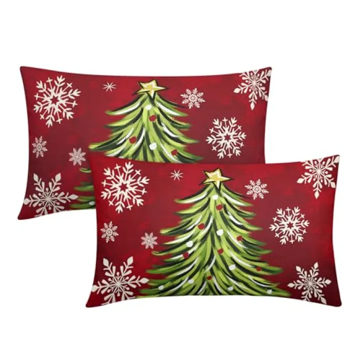 Christmas Pillow Covers 12x20 Inch Set of 2 Dark Red Green Xmas Tree Snowflake Holiday Decorative Winter Throw Pillowcases Outdoor Seasonal Farmhouse Cushion Cases Decor for Sofa Couch Bed