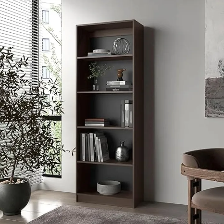 Stained Walnut Bookcase with Open Storage, 5 Shelves, Wood Frame, Horizontal Storage for Living Room, Office, Bedroom, 71" Tall