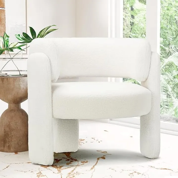 COLAMY Modern Accent Chair, Upholstered Barrel Chair, Comfy Sherpa Side Arm Chair with 3 Legs for Living Room, Bedroom, Reading, Cream