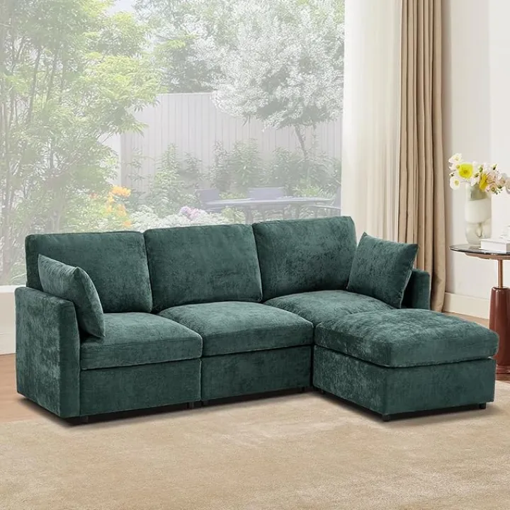 Tbfit 85" Convertible L Shaped Couch, Sectional Sofa for Living Room,Chenille Cloud Couch with Ottoman 4 Seat, Green