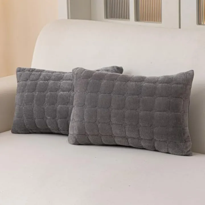MDSASFD Velvet Throw Pillow Covers(Pack of Two, Dark Grey) 12×20 Inch Decorative Pillows Cover Neutral Soft Chenille Couch Pillows with Zipper Aesthetic for Living Room and Bedroom