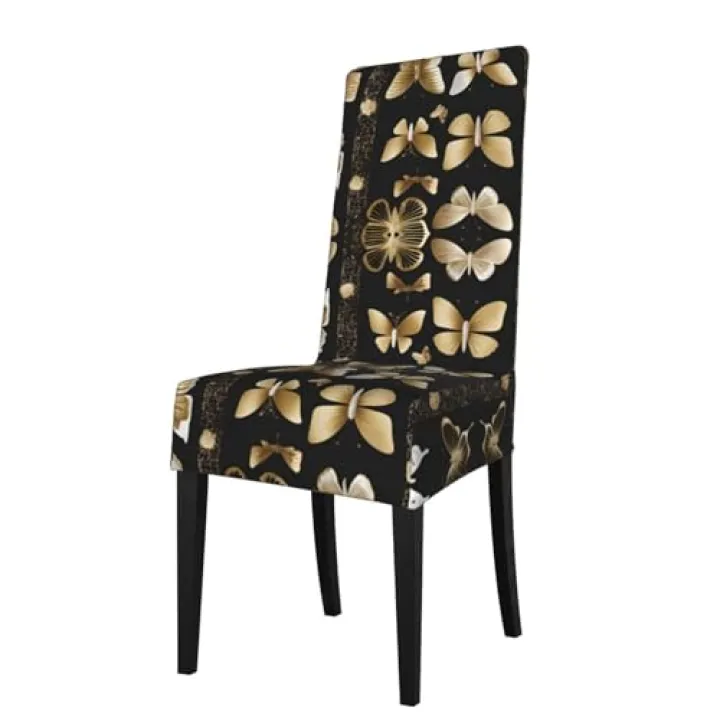WZYWHJ Gold White Butterflies Black Prints Detachable Chair Cover Quick Installation and Easy Maintenance Suitable for Square Chair Backs