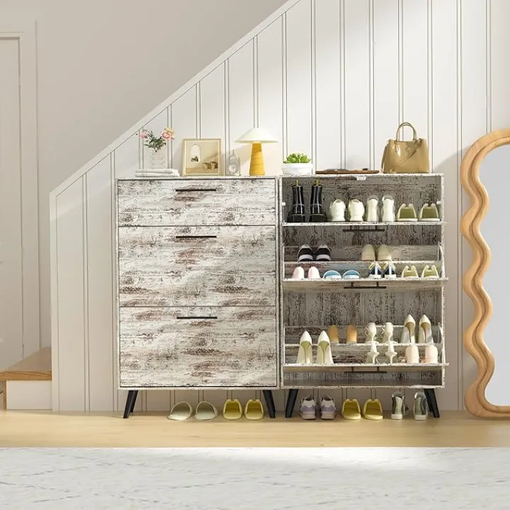 Rustic White Shoe Cabinet Storage with 2 Flip Drawers Narrow Farmhouse Shoe Organizer Cabinet 3 Tier Freestanding Rack Cabinet for Hallway Entryway