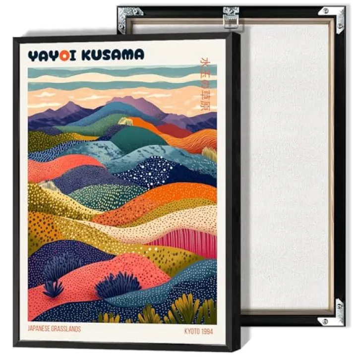 Japanese Grasslands Poster Yayoi Kusama Abstract Mountains Canvas Wall Art Colorful Dot Landscape Artwork Prints Painting For Living Room Bedroom Wall Decor 12x16in Unframed
