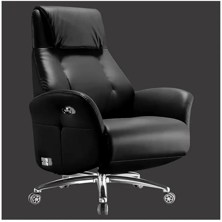 Managerial & Executive Office Chair, Cowhide Recliner with Electric Footrest, Adjustable Height, 360° Rotation, SGS Certified, Aluminum Alloy Base, Max Load 250KG/550lb