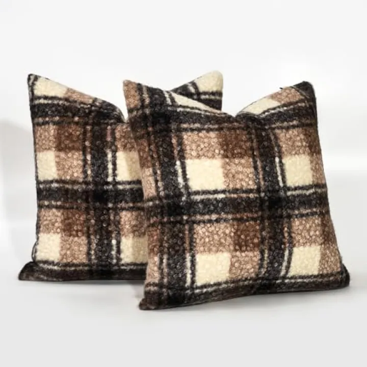 JOJOGOGO Fall Bown Buffalo Plaid Cozy Pillow Covers 24x24 Set of 2, Large Autumn Fuzzy Curly Sherpa Farmhouse Checkered Throw Pillows, Christmas Euro Sham Covers for Couch Bed and Indoor Room Decor