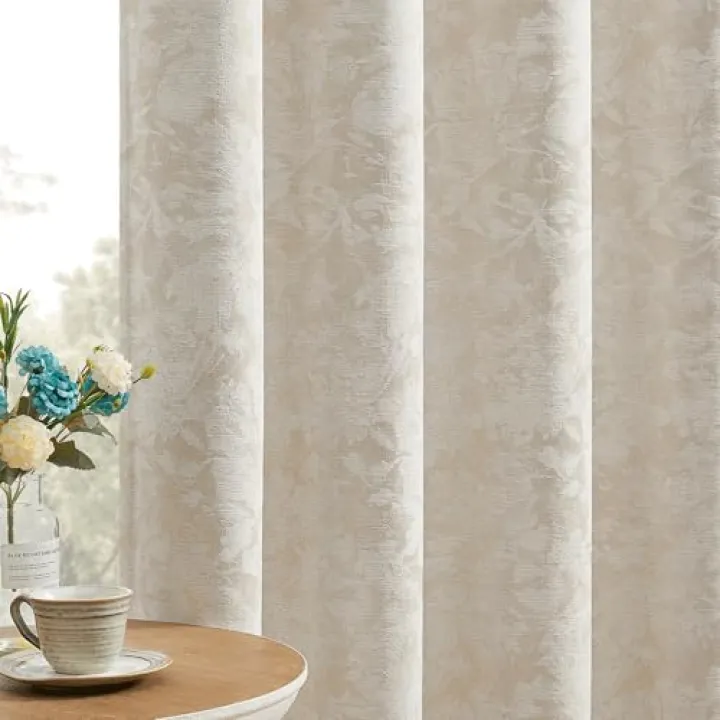 Beauoop Beige Floral Jacquard Blackout Curtains 84 Inches Long 2 Panels for Bedroom Living Room Chenille Flower Room Darkening Thermal Insulated Soundproof Rod Pocket Back Tab Window Drapes, 52x84