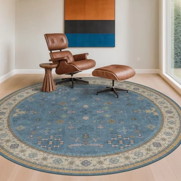 Hazo Haus Washable Blue Round Rug 6ft - Floral Circle Rug for Living Room, Nursury, Kids Room, Playroom, Bedroom, Low Pile Non Slip Stain Resistant, Dusty Blue Indoor Aesthetic Décor