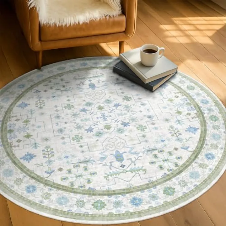 Blue and Green Washable Round Rug 4ft - Oushak Small Circle Area Rug for Living Room, Nursery, Kids Playroom, Bedroom, Home Office, Reading Corner, Non Slip Soft Circular Carpet Décor