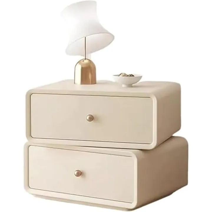 Rotatable Night Stand with Storage Drawers Wood Bedside Table Nightstand Cupboard Storage Bedside Cabinet Space Saver(Beige,40X40X48)