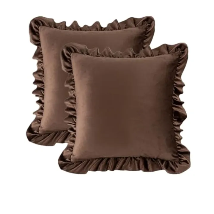 MOJUN Square Ruffled Throw Pillow Covers 18x18 Inch Set of 2, Velvet Decorative Pillowcases with Ruffles Cushion Pillow Covers for Couch Sofa Bed Living Room Farmhouse, Brown