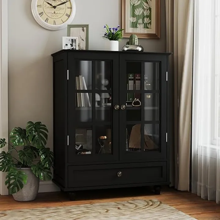 Modern Buffet Cabinet with Storage, Sideboard Buffet with Double Glass Doors and Drawer, Storage Cabinet for Living Room, Dining Room, Kitchen,Hallway, Entryway,Black
