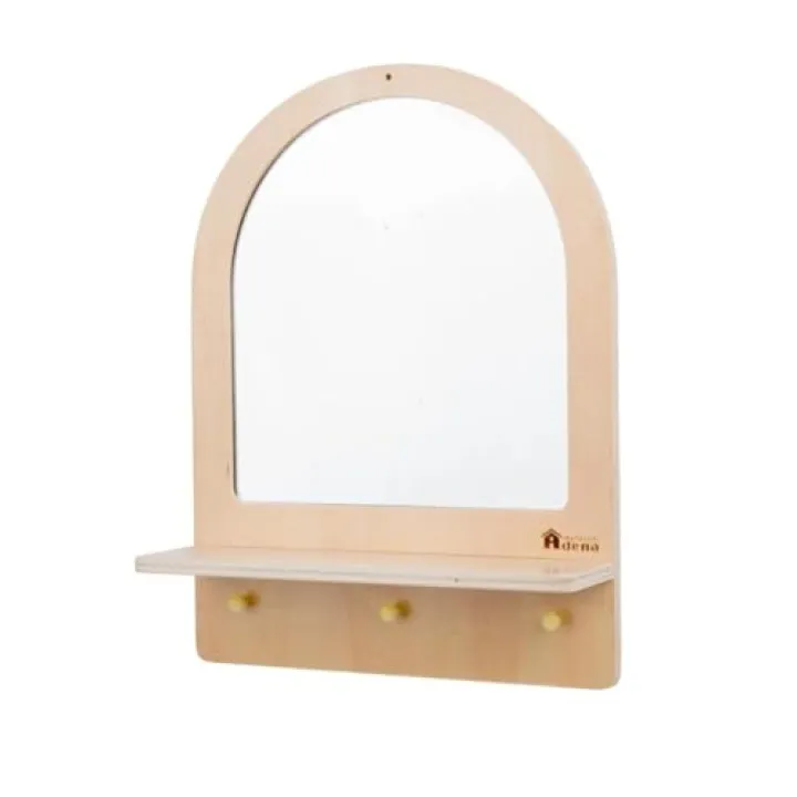Montessori Wooden and Acrylic Mirror for Toddlers, Wall Mount Mirror with Hooks & Shelf—Shatterproof, Natural Wood, Easy Assembly Furniture for Entryway, Nursery Living Room Hallway Bathroom