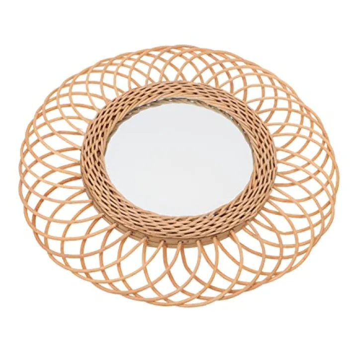 Sosoport Rattan Wall Mounted Mirror Handmade Rattan Decorative Round Mirror for Living Room for Home