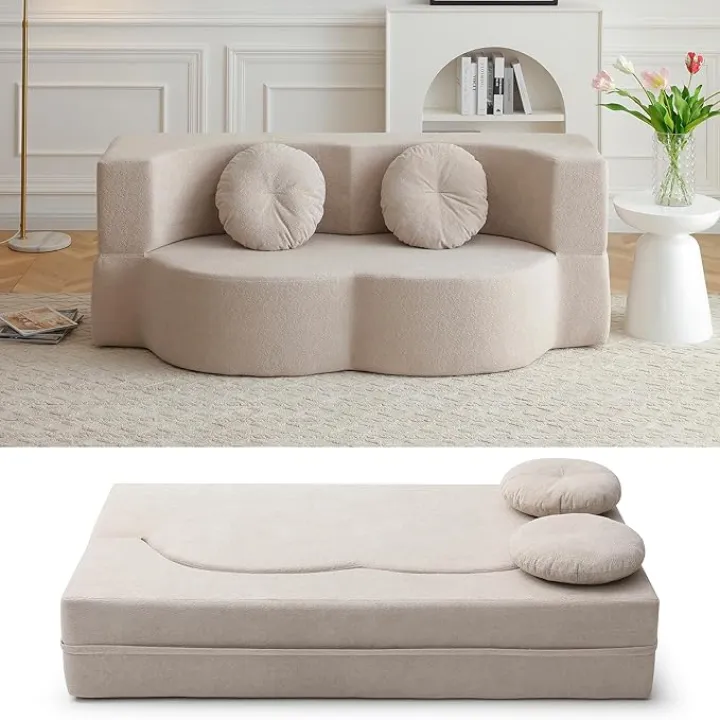2-in-1 Convertible Folding Sofa Bed, No Assembly Required Queen Sleeper Sofas with Two Pillow, Lychee Velvet Floor & Futon Loveseat Couch, Foam Mattress Sleeper Couches for Living Room,Khaki