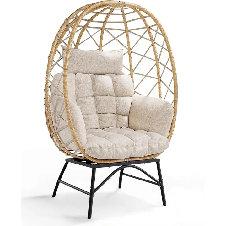 SWITTE Wicker Egg Chair Outdoor Indoor, Oversized Rattan Patio Lounge Chairs with Cushion for Backyard, Living Room, Steel Frame, 480lb Capacity-Cream