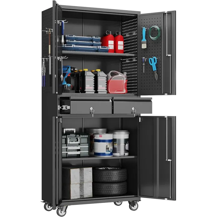 71.2" H Metal Garage Storage Cabinet with Wheels, Tool Storage Cabinets with 2 Lockable Doors and 2 Drawers for Garage Office School Home Warehouse Utility Room, Assembly Required,Black