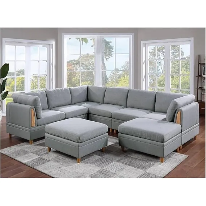 Living Room Furniture 8pc Sectional Sofa Set Light Grey Fabric Couch,Comfort and Safety