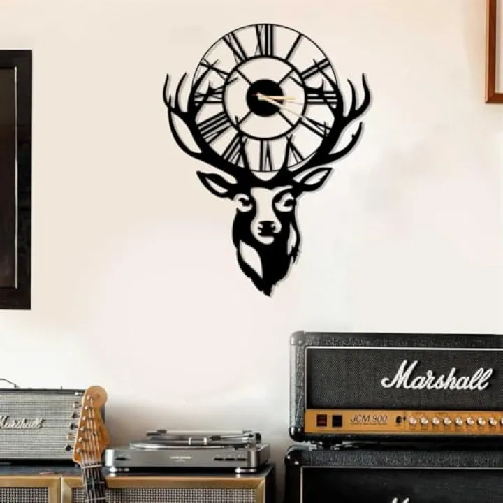 Dekory Deer Head Metal Wall Clock 20 × 15 Inch – Animal Wildlife Clock, Silent Non-Ticking Quartz, Vintage Industrial Decorative Antler Design for Living Room, Bedroom, Office
