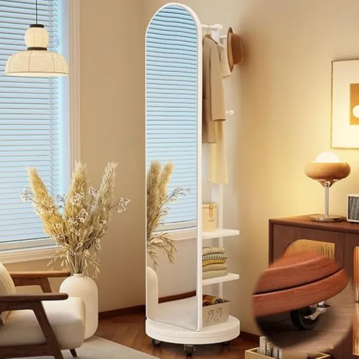 360° Rotating Full Length Mirror Solid Wood Oversized Floor Mirror with Coat Rack 2 Tiers of Shelves Floor Mirror Full Length with Swivel Wheels for Bedroom Living Room Cloakroom(White,15.7x15.7x67.7i