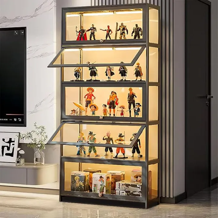 Display Cabinet with Acrylic Doors, 5-Tier Bamboo Curio Display Cabinet, Display Cases for Figurine, Toy Organizers Rack & Display Shelf, Kids Bookcase for Home Office, Playroom, Living Room