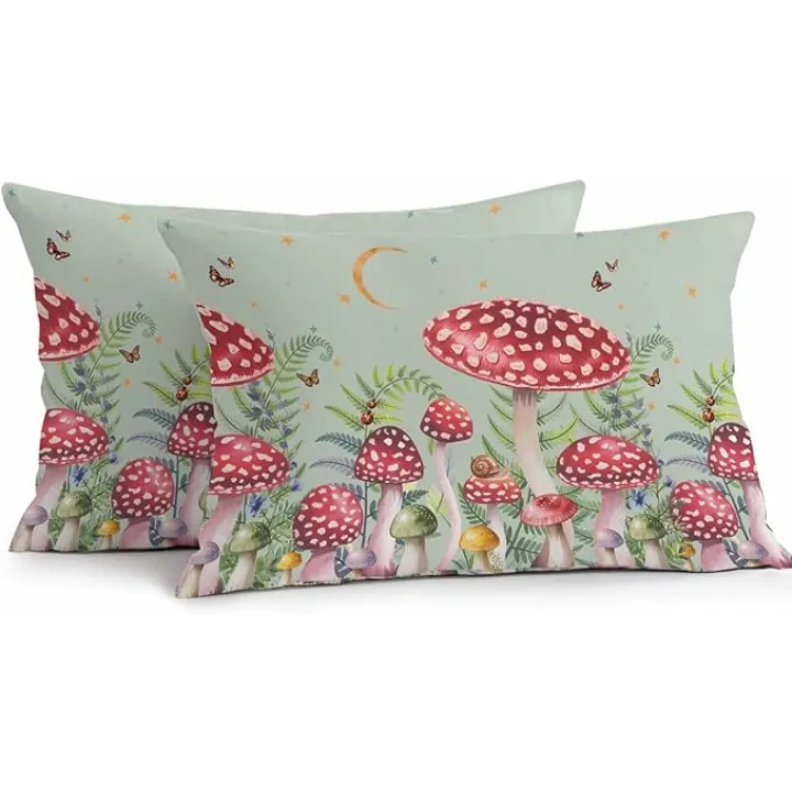 Waterproof Pillow Covers Set of 2,Rustic Pastoral Red Mushroom Outdoor Pillow Protectors with Zipper Pillowcases for Patio Tent Garden Beach 20x12 Inches Moon Star Plant on Green
