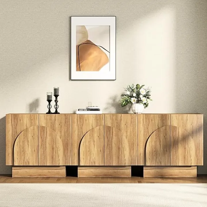 HEAH-YO Natural Sideboard Buffet Cabinet with Storage, Modern Farmhouse TV Stand with Arched Doors Entryway Accent Coffee Bar Station Wood Media Console Table for Living Room Kitchen Hallway, Set of 3