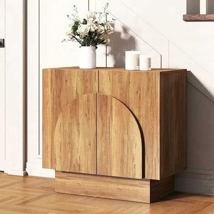 HEAH-YO Natural Sideboard Buffet Cabinet with Storage, 31" Entryway Accent Cabinet with Arched 2 Doors Modern Farmhouse Coffee Bar Station Wood Media Console for Living Room Kitchen Hallway, Single