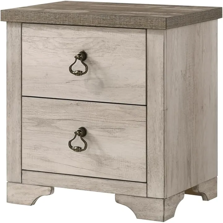 MASARA Rustic Nightstand with 2 Drawers, Antique White and Gray, 23.6 x 16 x 25 inches