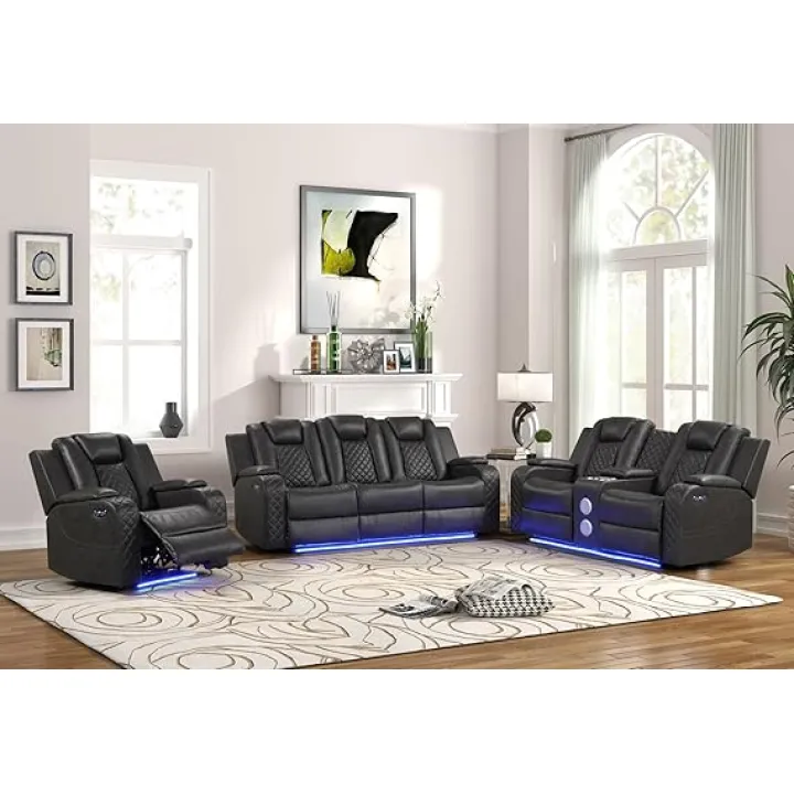 Upholstered Leather Sofa, Modern Upholstered Seats, Adjustable Headrests, LED Lighting, Cup Holders, Built-in USB