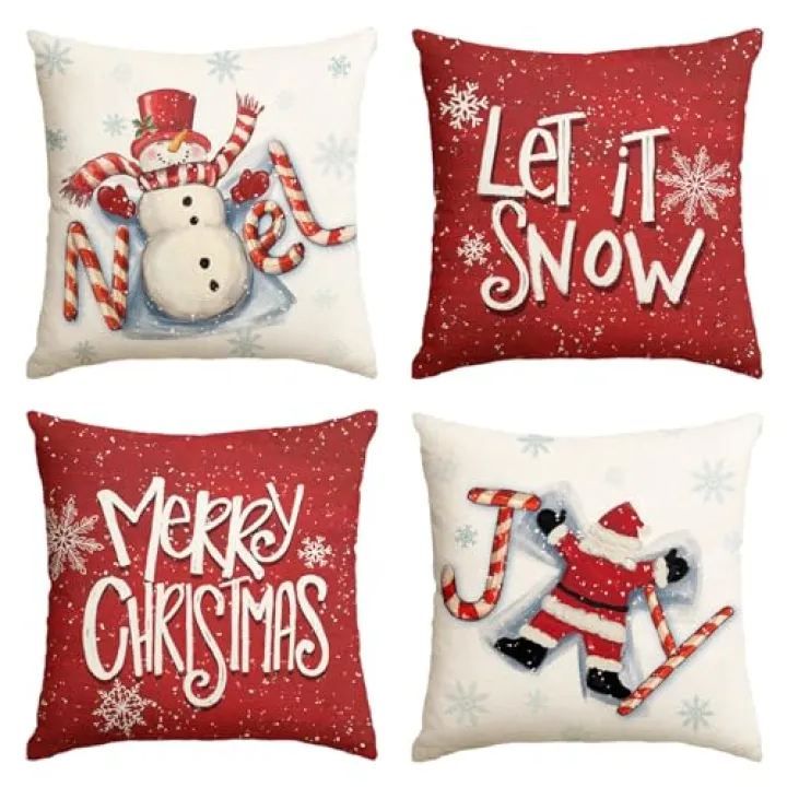 AVOIN colorlife Merry Christmas Snowman Santa Claus Candy Cane Snowflake Throw Pillow Cover, 16 x 16 Inch Let it Snow Seasonal Winter Holiday Noel Cushion Case Decoration for Sofa Couch Set of 4