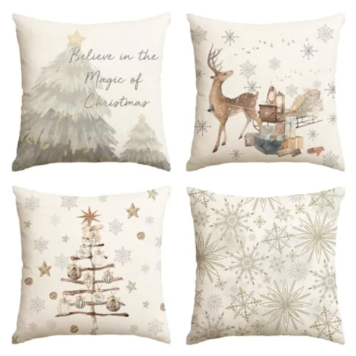 AVOIN colorlife Believe in The Magic of Christmas Trees Snowflake Throw Pillow Covers, 18 x 18 Inch Reindeer Sleigh Seasonal Winter Holiday Cushion Case Decoration for Sofa Couch Set of 4