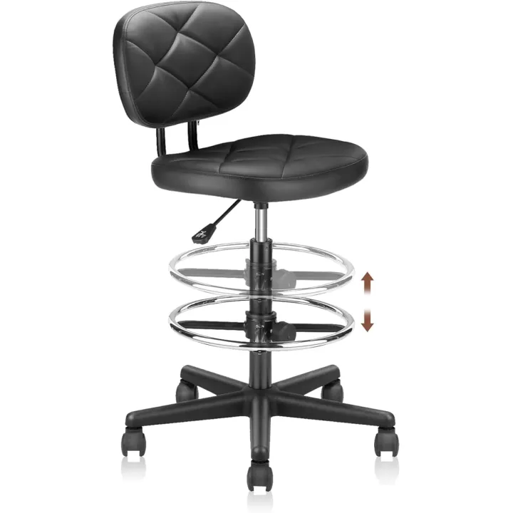 Leather Drafting Stool Chair with Ergonomic Backrest & Footrest, Padded Seat Adjustable Height 360° Swivel Rolling Stools, Tall Office Chair for Standing Desk, Shop, Drawing, Work, Black