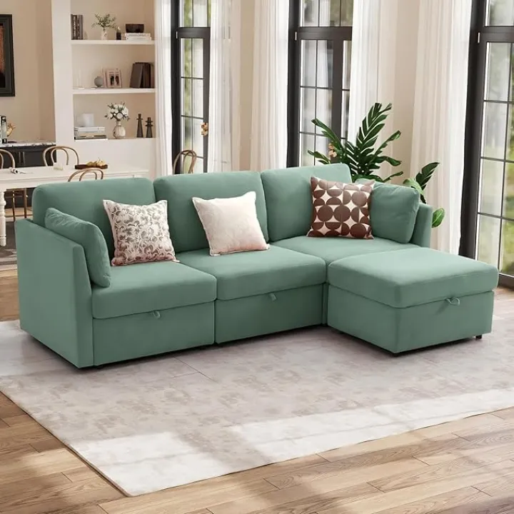 97.8" Modular Sectional Sofa, L Shaped Couch Set with Storage Seat for Living Room, 3-Seater Comfy Cloud Couches with Movable Storage Ottoman,DIY Combination - Chenille Green