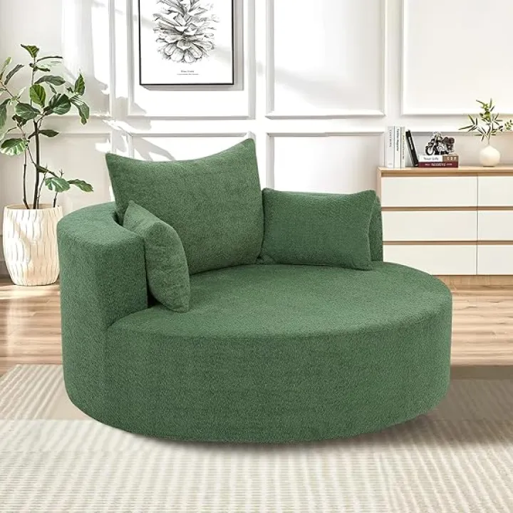 55"W Oversized Round Swivel Accent Barrel Chair,360° Rotating Upholstered Chenille Chaise Lounge Sofa Chair with Wide Armrest&Pillows,Large Modern Comfy Armchair for Living Room,Bedroom,Office(Black)