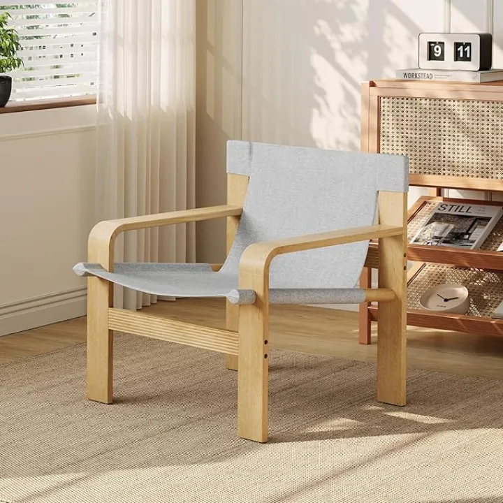 Oak Accent Chair, Mid Century Modern Reading Chair with Wide Armrest, Washable Linen Fabric Armchair with Solid Wood Frame, Comfy Accent Chairs for Living Room, Bedroom, Balcony, Light Grey