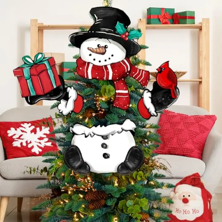 Bolisom Snowman Christmas Tree Topper, Xmas Gift Cardinal Decorative Treetop Ornaments Decor, Winter Holiday Indoor Home Decorations Party Supplies