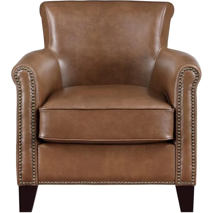 Traditional Leather Accent Chair 1pc Solid Wood Frame Top-Grain Leather Nailhead Trim Classic Modern Living Room Furniture