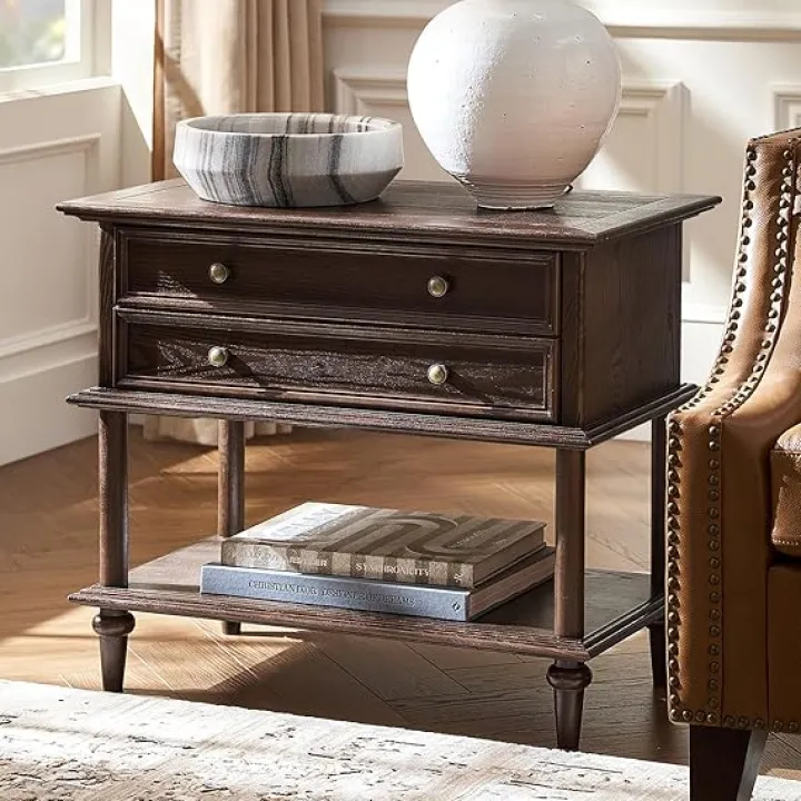 HULALA HOME Bedroom Nightstand with Solid Wood Frame, Walnut Bedside Table with Charging Station, Nightstand with Drawer Shelf, Easy Assembly, Walnut
