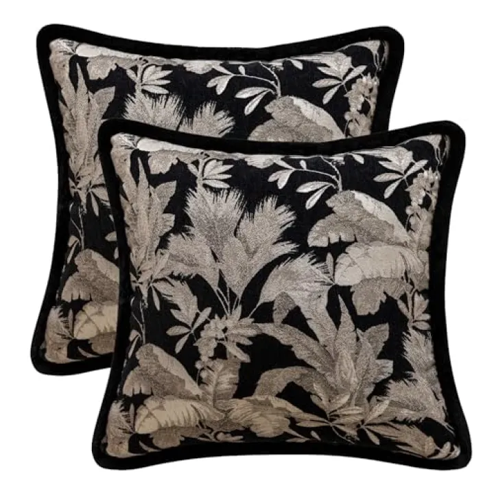 Jiddado Black Vintage Chenille Throw Pillow Covers 18x18 Inch – Decorative Cushion Covers for Sofa, Bed, Couch, or Living Room, Single-Sided Jacquard Design, Set of 2 (Raw-Edged Leaves)