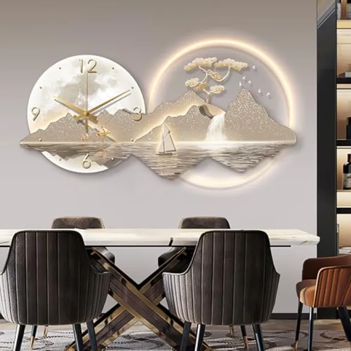 SUZEPER Wall Hanging Decor, Plug-in Power Supply Wall Clock with LED Light, Modern 3D Wall Decor Creative Landscape Wall Hanging Mural for Living Room, Bedroom(31.5x15.7in, A)
