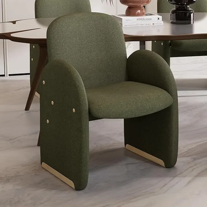 Rowill Modern Dining Chair with Arms, Upholstered Mohair Kitchen Armchair with Wood Frame & Gold Metal Legs, Fluffy Comfy Singe Sofa Chair for Bedroom Office Cafe, Green