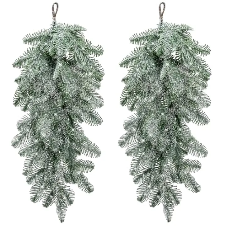 Watayo 2 Pcs Artificial Christmas Snow Teardrop Swag, 23" Faux Snow Flocked Norfolk Pine Teardrop Door Swag, White Frosted Real Touch Pine Wreath Staircase Swags for Xmas Door Mantle Fireplace Decor