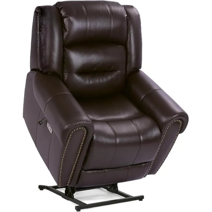 Dual Motor Power Lift Recliner Chair for Elderly Adults 400lbs Heavy Duty Lay Flat Function Breathable Leather Heat Massage System Remote Control Adjustable Positions Dark Brown Living Room Sofa