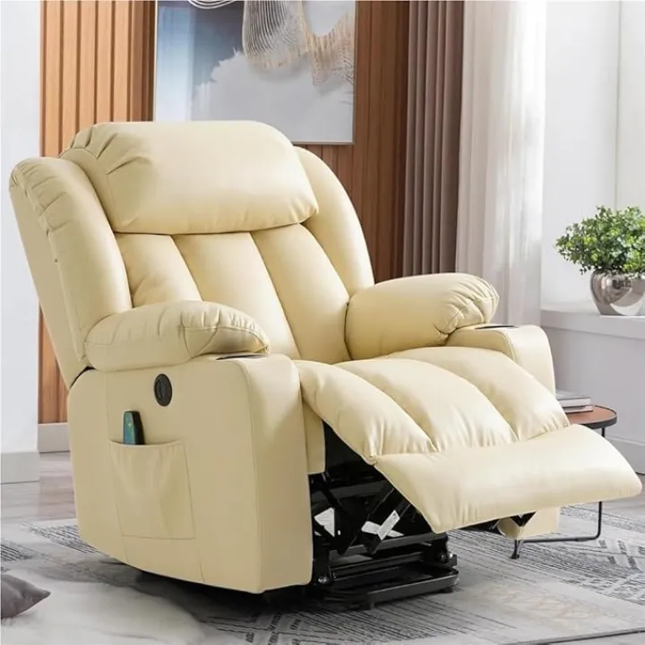 Power Lift Recliner Chair for Elderly Adults Heavy Duty Electric Massage Sofa Heat Therapy PU Leather Remote Control Cup Holders USB Port Side Pockets Adjustable Backrest Living Room Reclining Seat