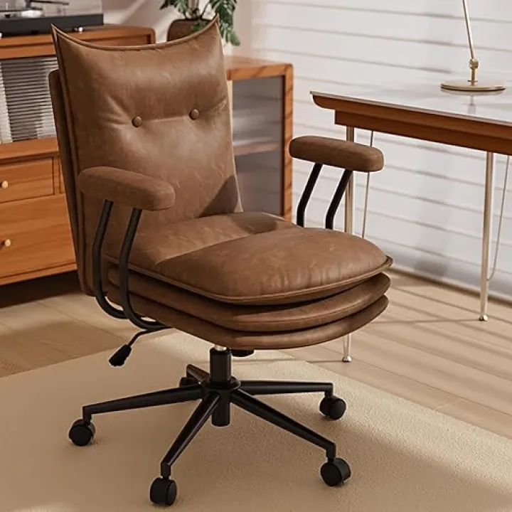 Brown Leather Office Chair with Wheels,Three-Layers Thicken Wide Seat Height Adjustable, Mid-Century Modern Computer Desk Chair for Home, Office