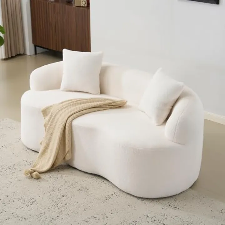 Orynveela Modern Curved Loveseat Sofa, 73” Teddy Boneless Couch with 2 Pillows for Small Spaces Living Room Bedroom, No Assembly Required (Cream White)
