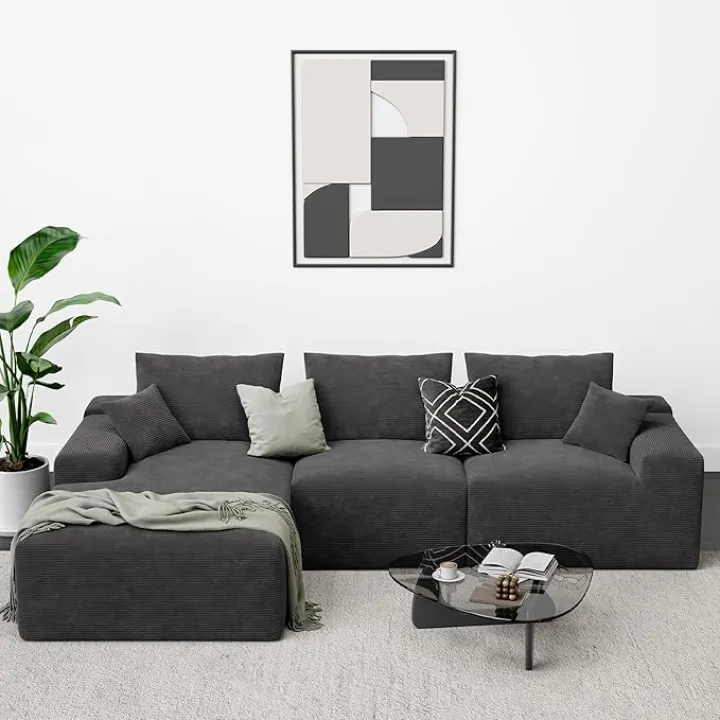 LIKIMIO 120" Modern L-Shaped Modular Sectional Sofa for Living Room, Corduroy Upholstery Dark Grey, Oversized Couch with Deep Seat and Chaise – No Assembly